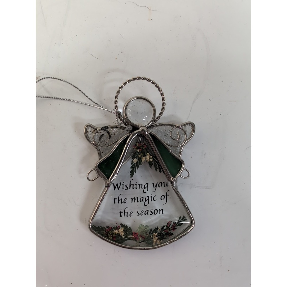 Angel Xmas Ornament Stained Glass Silvertone Rejorce in the Season Decor 3,1/4"